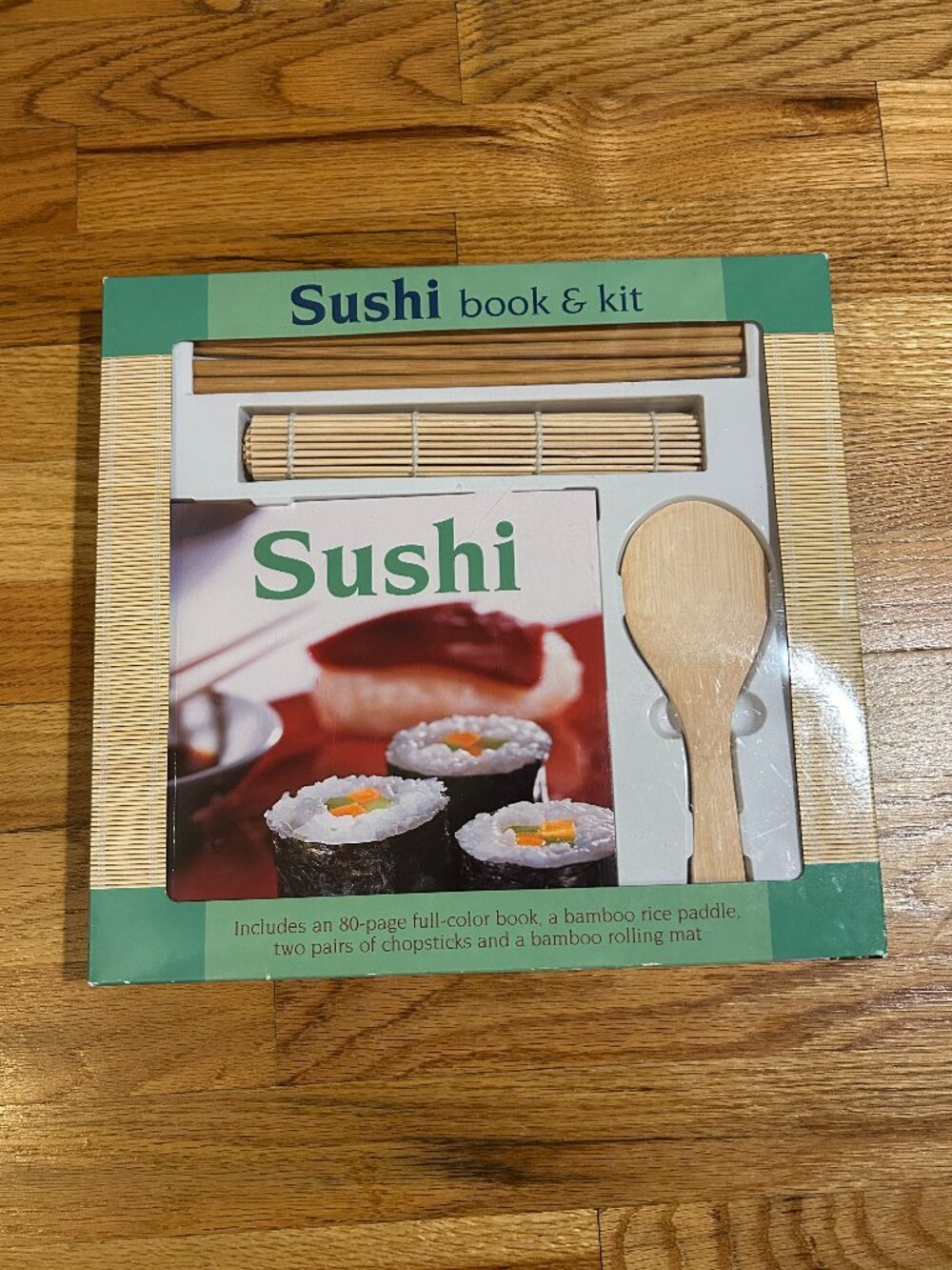 NIB NEW Sushi Book & Kit 80-Page Full Color Book Bamboo Rice Paddle Rolling Mat